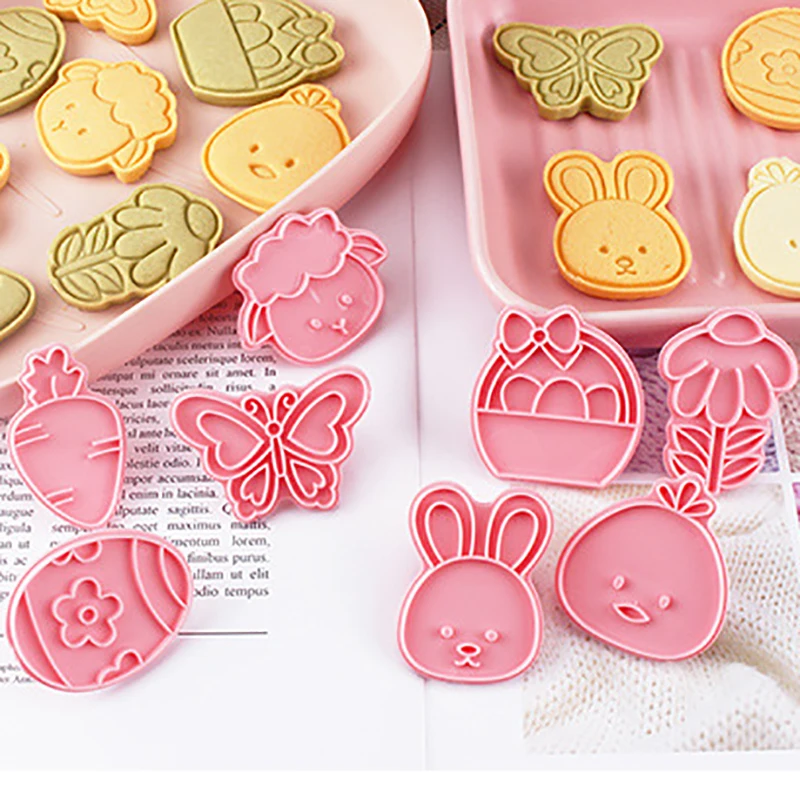 8Pcs Happy Easter Cookie Cutter Set Plastic Bunny Sheep Cookie Stamp Mold Pressing Fondant Biscuit Baking Mold Pastry Cake Tools