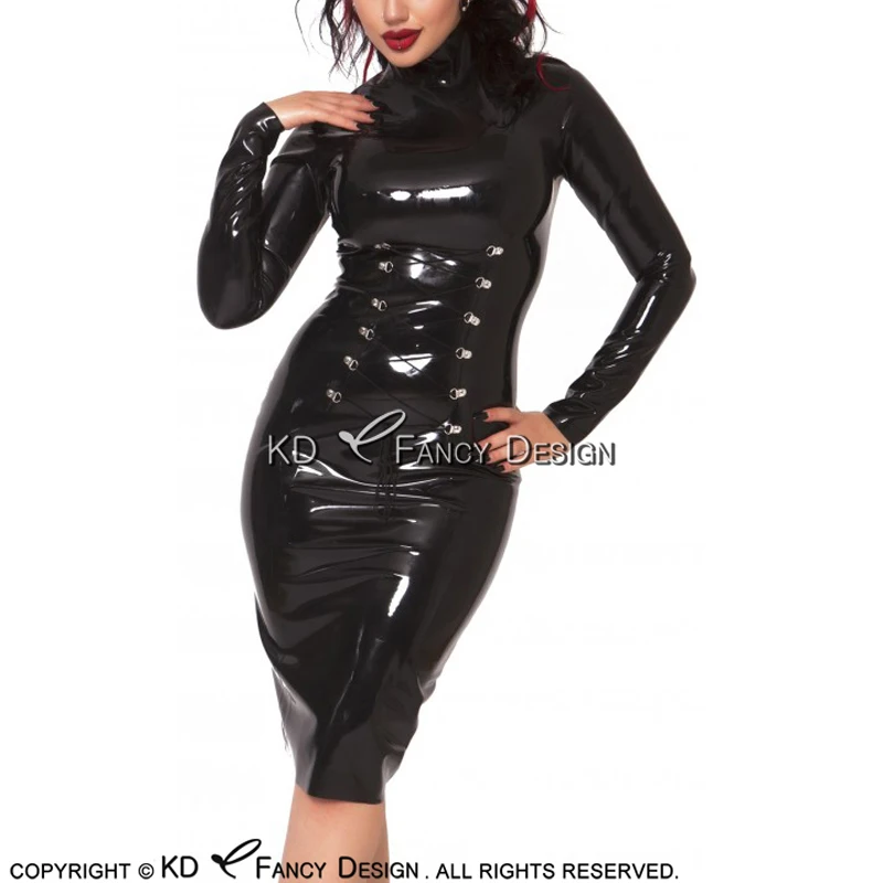 Black Sexy Latex Dress With Lacing At Front And Full Back Zippers Rubber Bodycon Playsuit Plus Size LYQ-0167