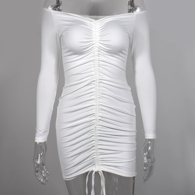 white ribbed long sleeve ruched bodycon dress Siren Dress
