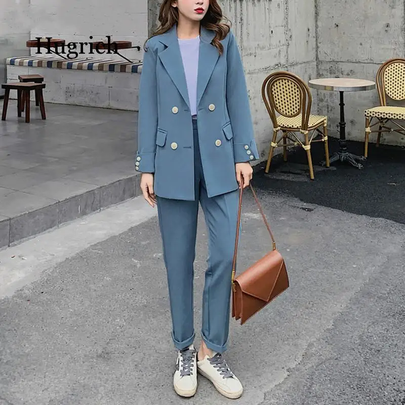 Mode Vrouwen Blazer Suits Lange Mouwen Double- Breasted Blazer Broek Pak Kantoor Dames Twee Stuk Blazer Sets 2021