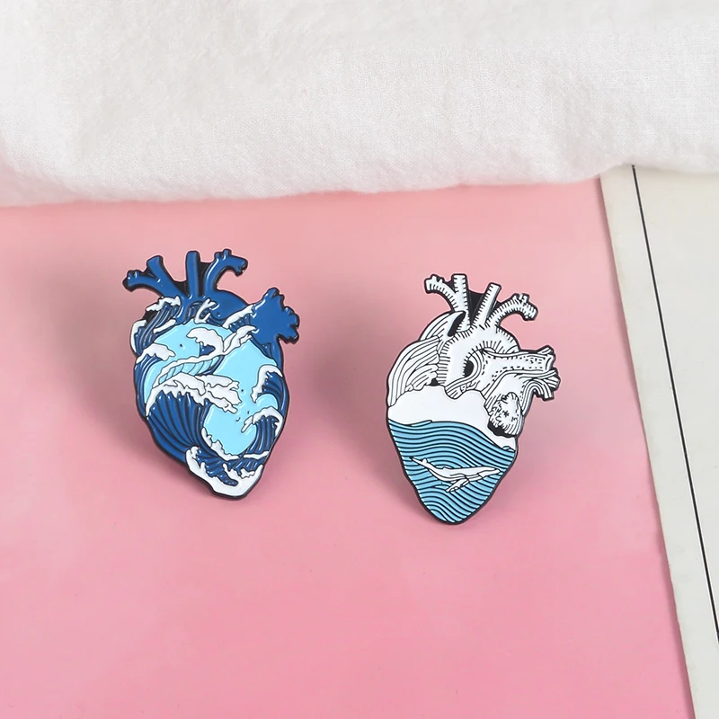 

Ocean Wave and Whale Custom Pin Blue Human Animal Heart Lapel Pins Anatomical Heart Enamel Pin Heart Anatomy Badges Wholesale