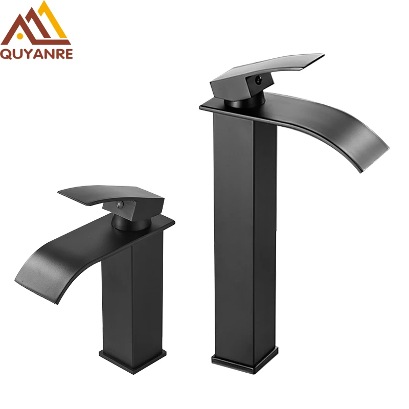 Quyanre Matte Black Waterfall Basin Faucet Single Handle Mixer Hot Cold Water Basin Crane Tap For Bathroom Wash Basin Mixer Tap