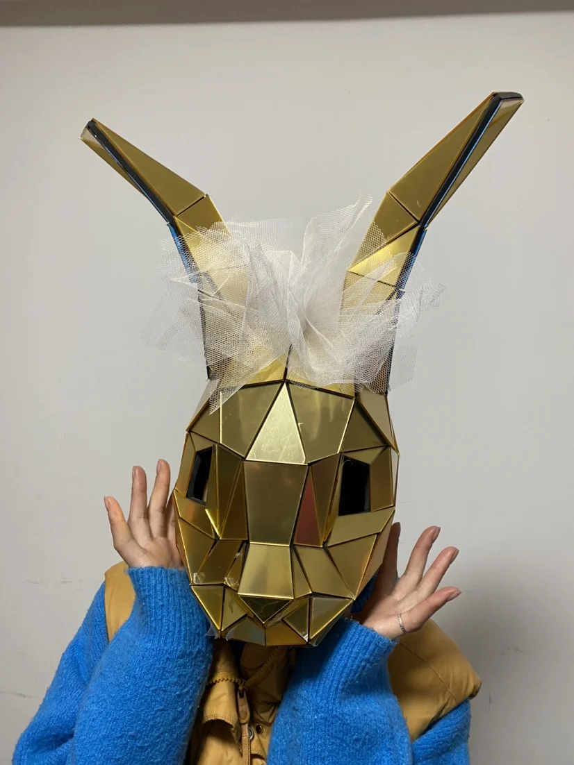 Halloween cosplay party mirror glass full face mask Gold Easter bunny headgear silver rabbit headdress