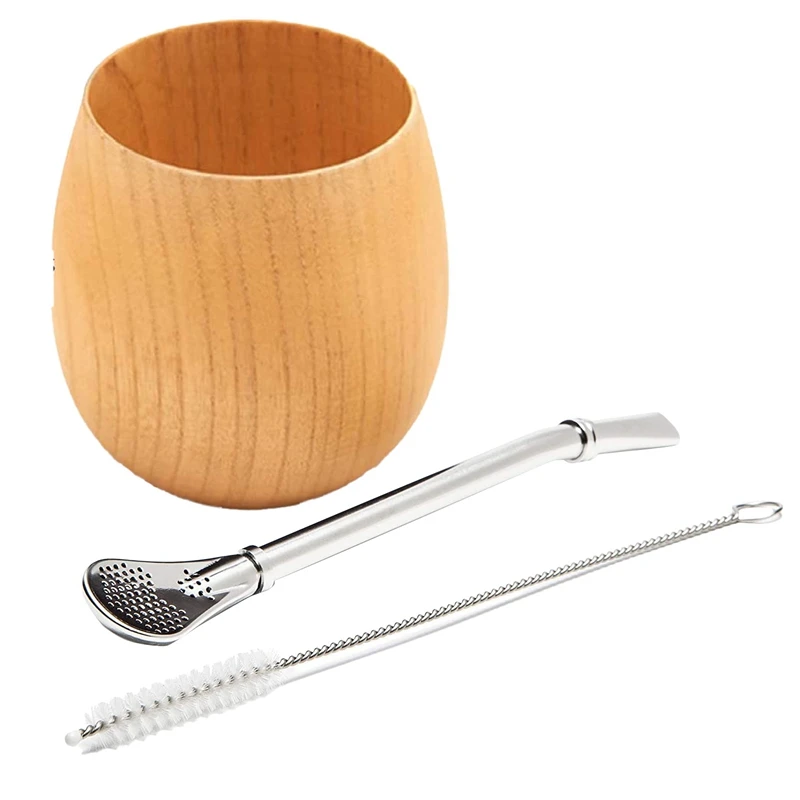 Wooden Yerba Mate Set  Tea Cup Drinking with Bombilla Straw and Cleaning Brush 200ml