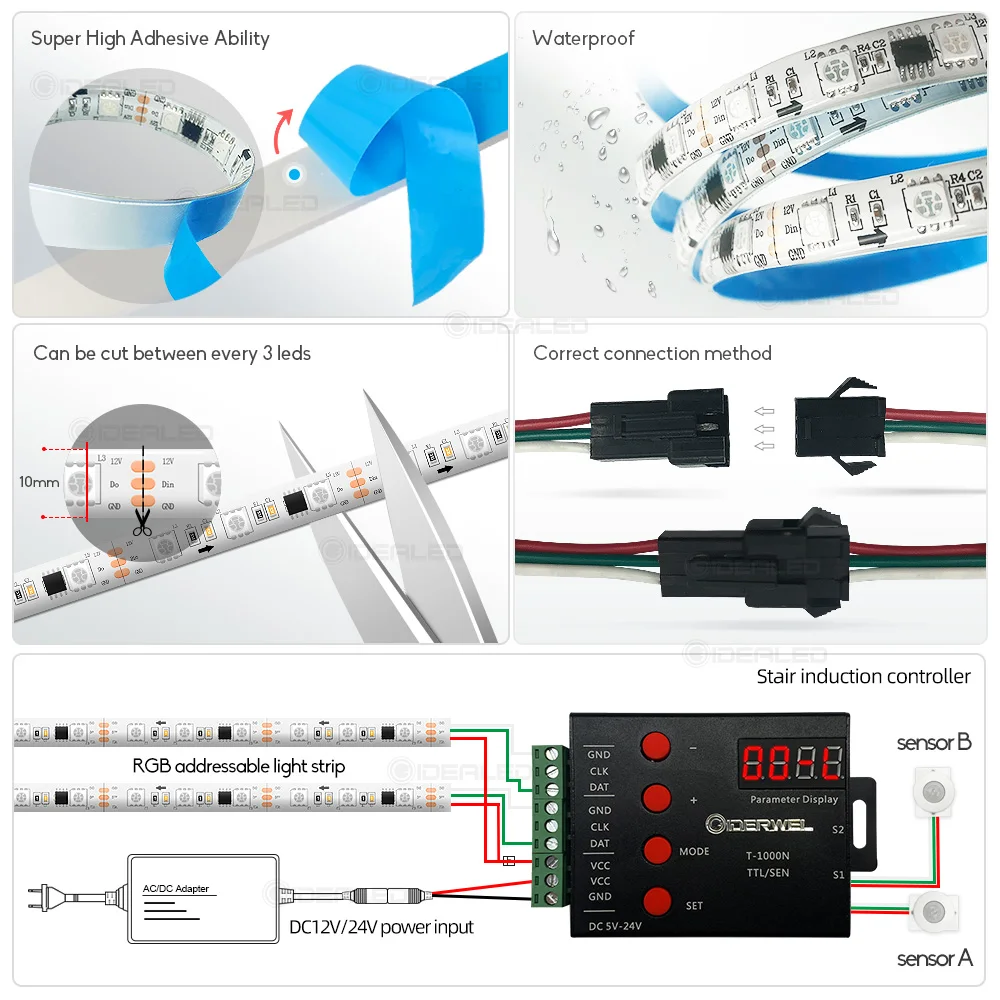 LED Stair Light Strip Controller PIR Motion Sensor Addressable LED RGB Strip Lights for Control Each Stair Light,under cabinet