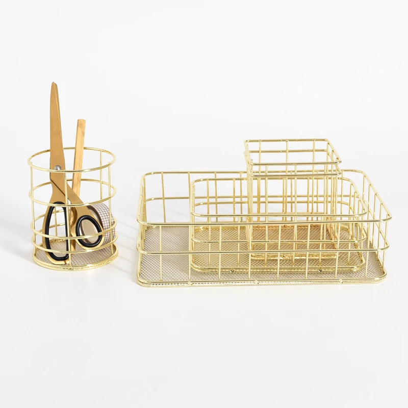 Gold Pink Metal Wire Storage Basket for Home, Office, Desk, Sundries, Makeup Brush Holder, Iron  Organizer , Nordic Decor