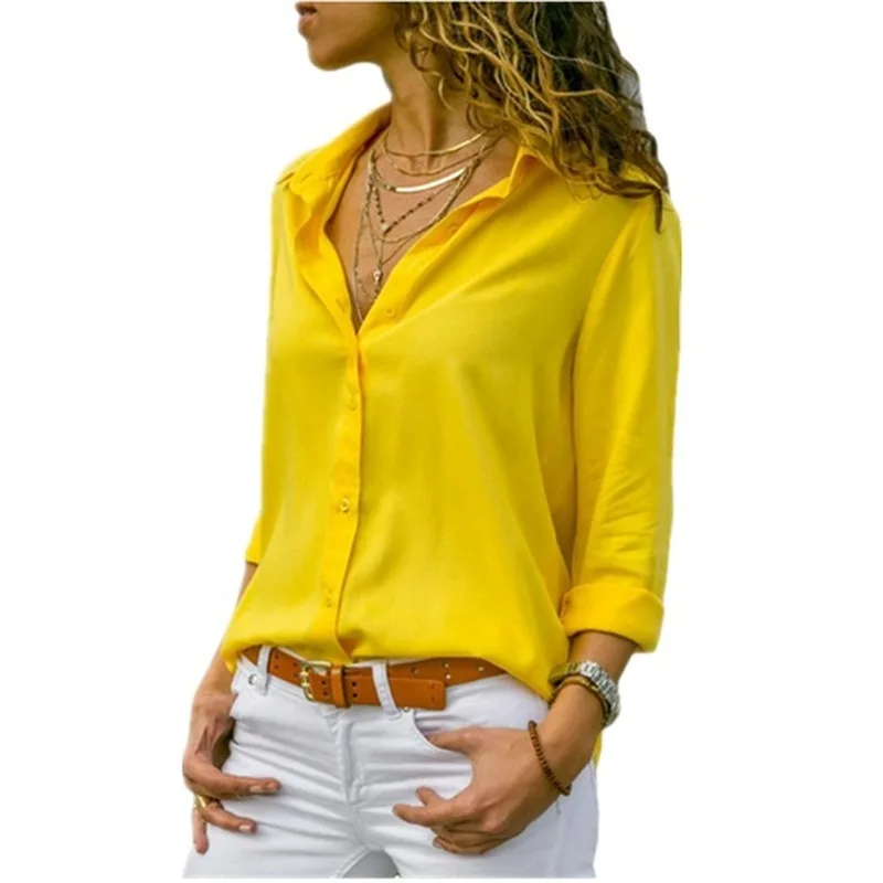 Women Tops Blouses Autumn Elegant Long Sleeve Solid V-Neck Chiffon Blouse Female Work Wear Shirts Office Plus Size 7XL Blusa