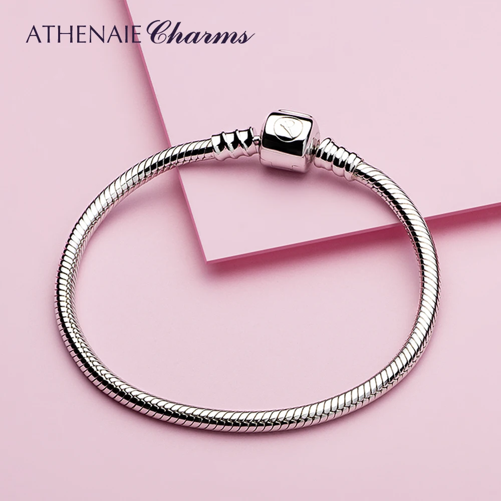 ATHENAIE 925 Sterling Silver Snake Chain Bracelet Charms Bracelets Fit European Charm Bead for Women & Men DIY Jewelry Gift