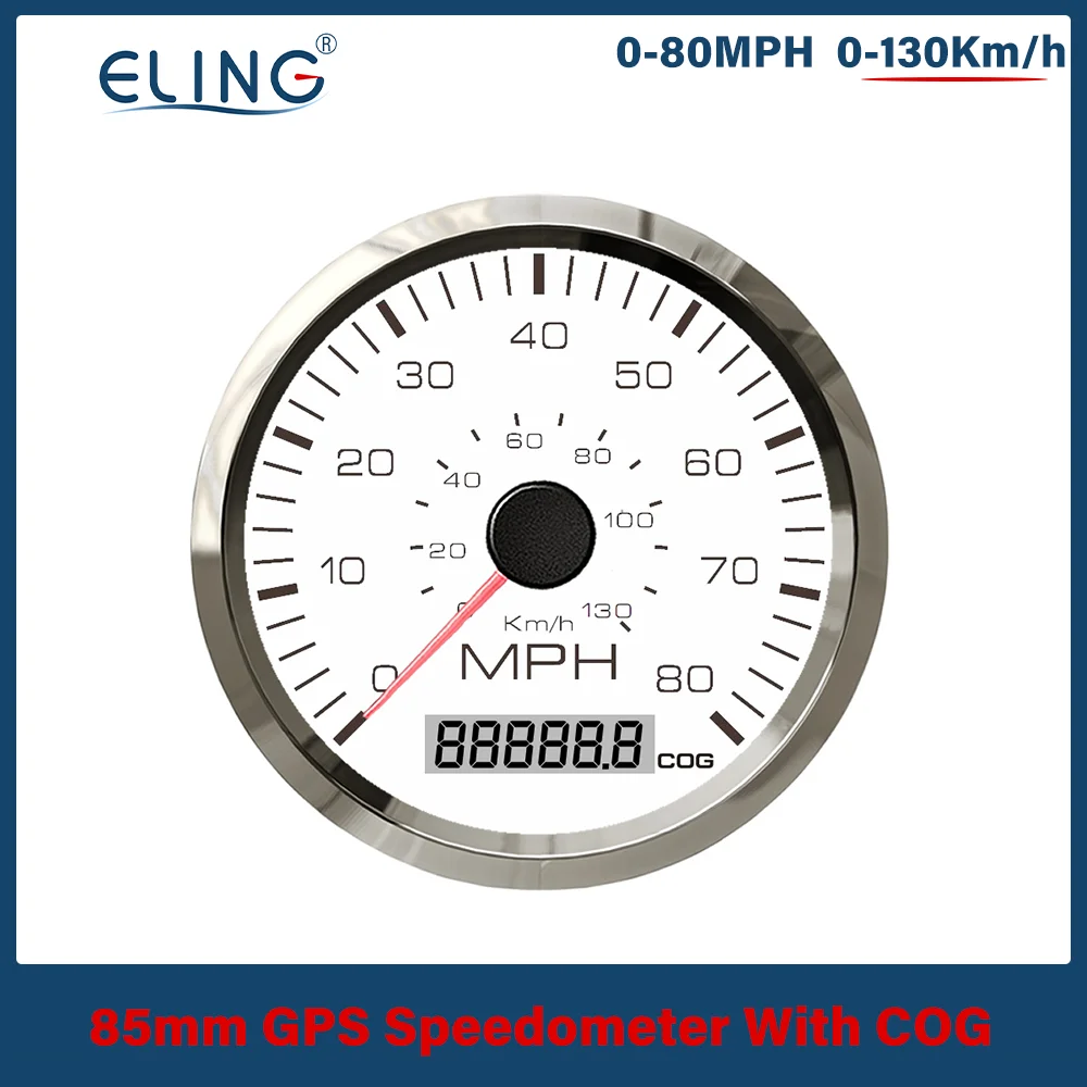 ELING 85mm 0-35MPH 0-60MPH 0-80MPH GPS Speedometer with COG Compass Red Yellow Light and GPS Antenna for Marine Boat 12V 24V