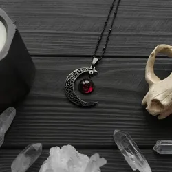 Goth Crescent Moon Necklace Dark Red Pendant Wiccan Witch Statement Mystical Charm Amulet Halfmoon Luna Vampire Jewelry Men