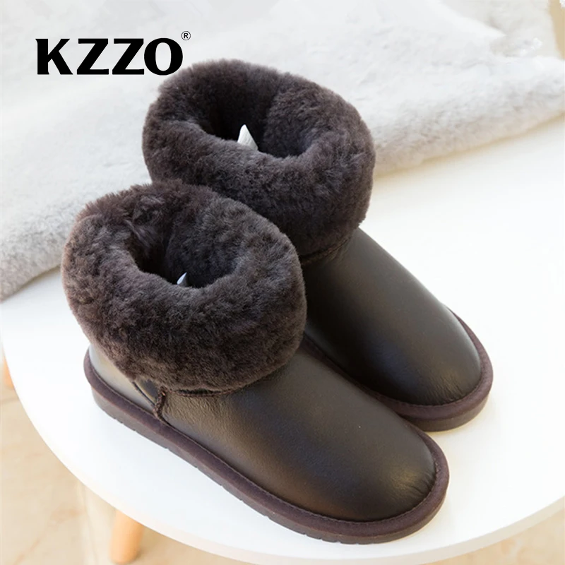 KZZO Natural Wool Fur Lined Waterproof Leather Flat Snow Boots Women Australia Classic Genuine Cowhide Leather Winter Warm Shoes