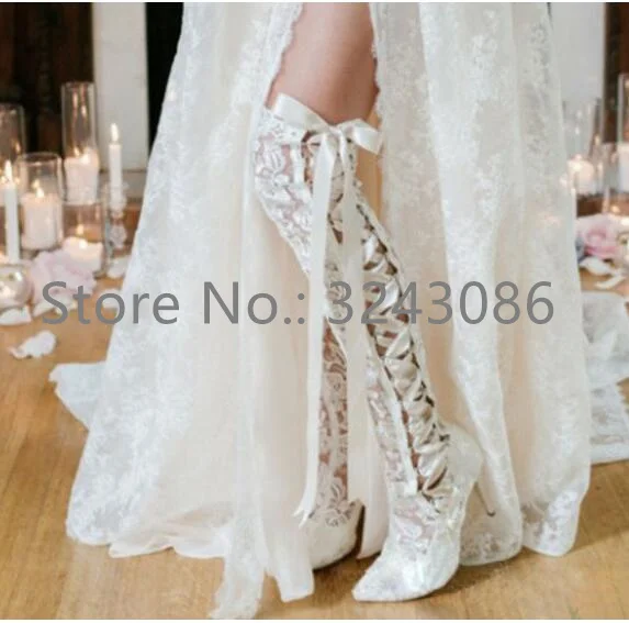 

Sexy Lace Lace-up Wedding Long Boots Woman New Design Black White Red Pointed Toe Knee Boots Fashion Female Stiletto Heels Shoes