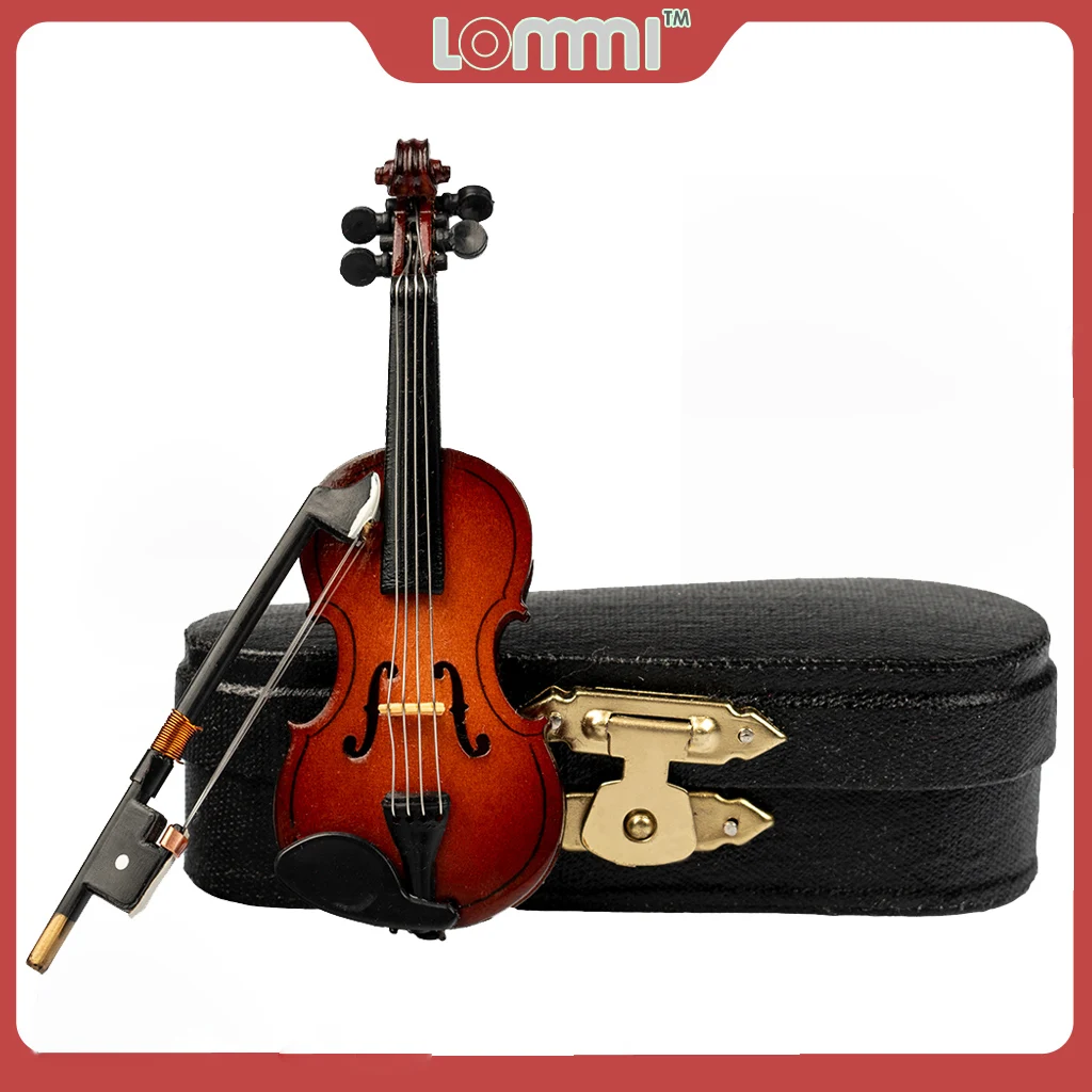 LOMMI Mini Violin Model With Mini Violin Bow Stand Wooden Musical Instruments Collection Decorative Ornaments Mini Violin Case