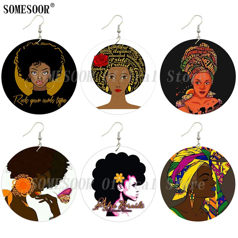 SOMESOOR African Beauty Melanin Queen Printed Wooden Drop Earrings Rock Girl Afro Natural Hair Designs Big Wood Loops For Women