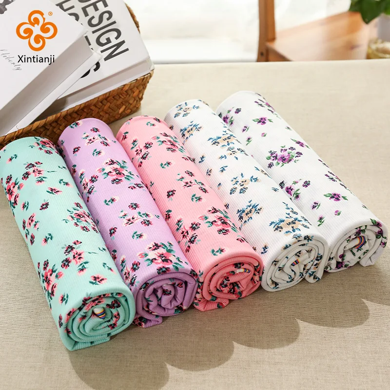 0.5/1/2 Meters Stretch Jersey Rib Elastic Knit Fabric Floral Print DIY Sewing Fabrics For Clothes Kids Little Girl Dress