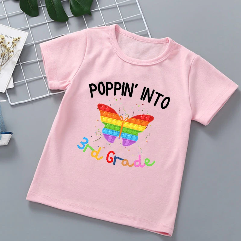 

Rainbow Butterfly Graphic Print T-Shirt Girls Poppin Into 3rd Grade Kids Clothes Harajuku Kawaii Children'S Clothing Streetwear