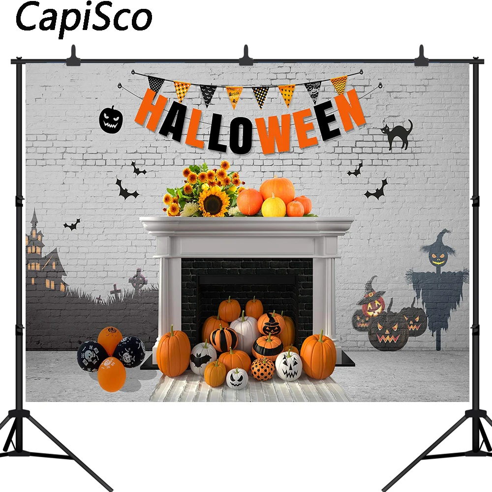 Cenário fotográfico de halloween de alta qualidade, decoração branca de tijolos, abóbora para decoração de festas, fundo de fotografia