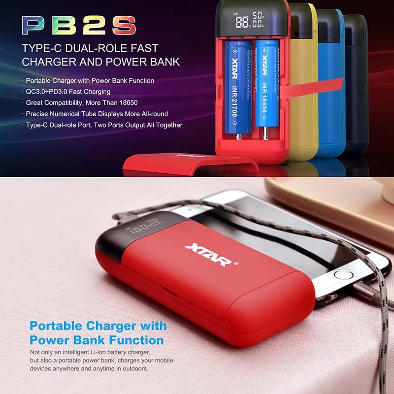 Xtar Batterijlader 18650 Powerbank Snel Opladen Type C Qc3.0 + Pd3.0 Snel Opladen 18700 20700 21700 Pb 2S Drinkbare Oplader