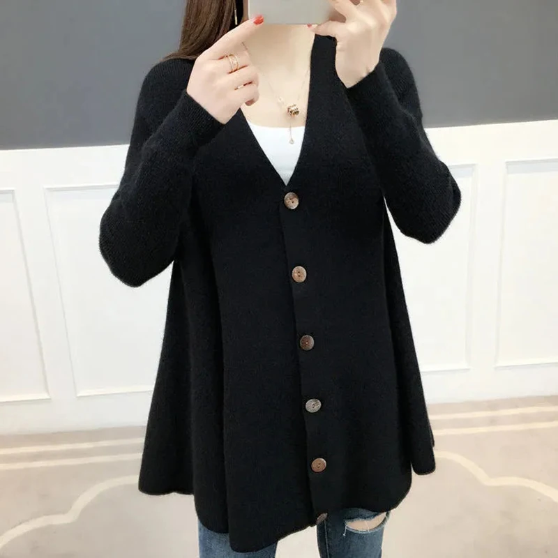 Spring Autumn Knitted Cardigans Women Midi-Length A-Line Loose V-Neck Sweater Cardigan Plus Size Soft Comfort Female Casual Coat