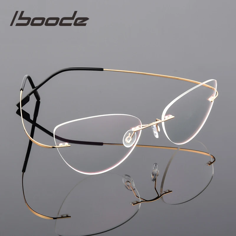 iboode Titanium Alloy Ultralight Rimless Glasses Frame Women Fashion Cat Eye TR90 Memory Titanium Eyewear Female Frames Brand