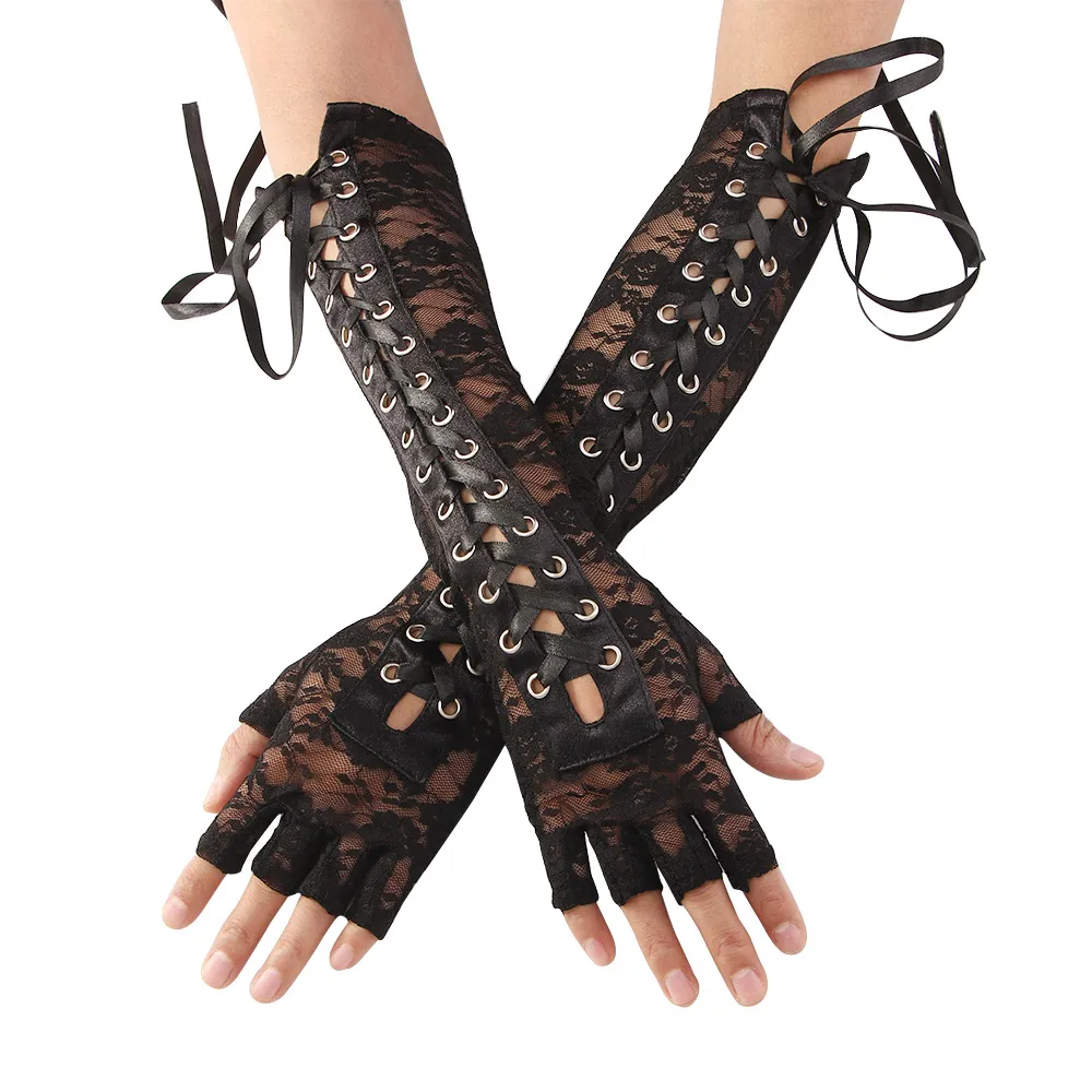 Womens Lace Fingerless Gloves for Party Sexy Lace-up  Mittens Clubwear Cosplay Costumes Accessories