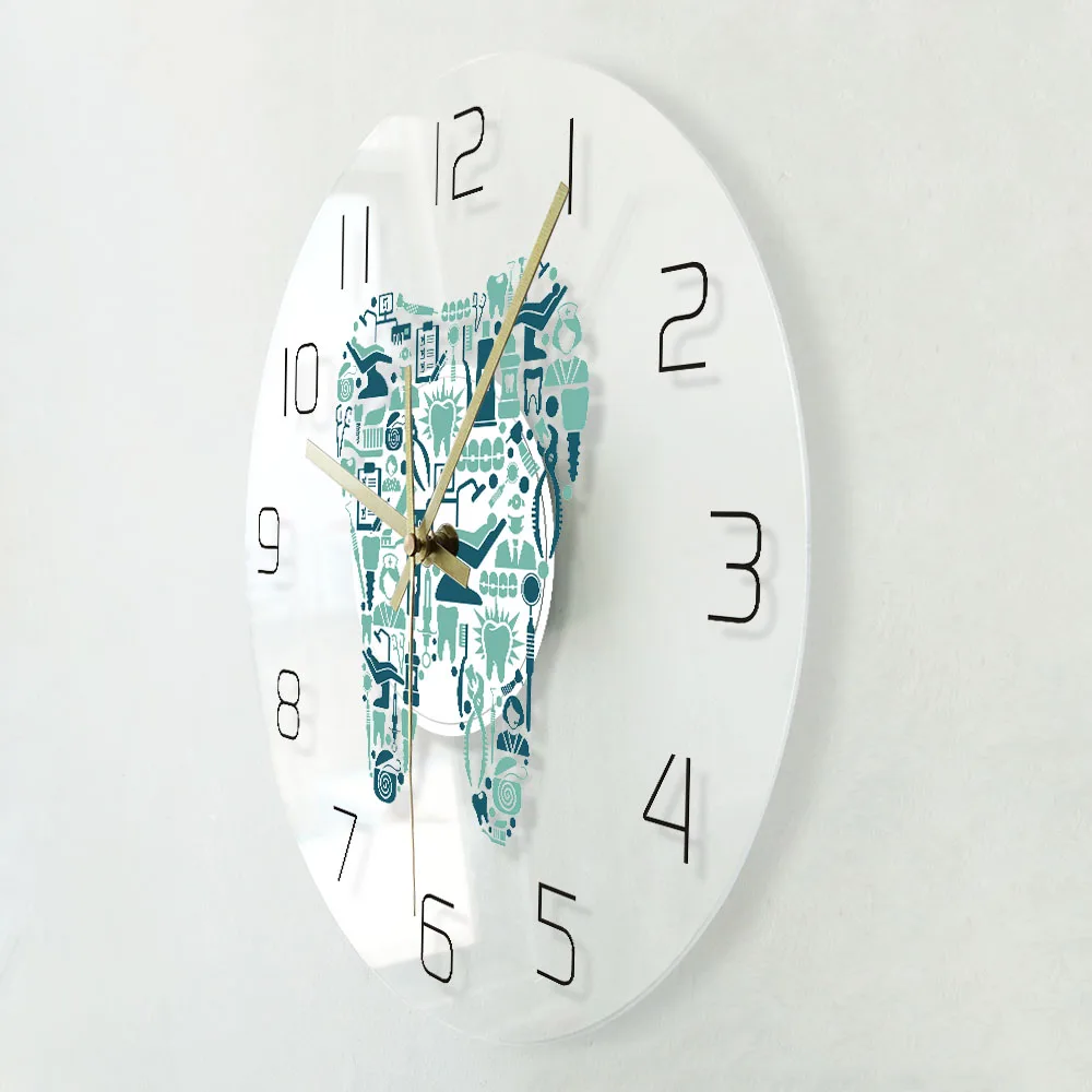 Dentistry Tooth Wall Clock Dental Care Symbols Acrylic Hanging Clock Quiet Movement Wall Watch Dental Department Decor Wall Sign