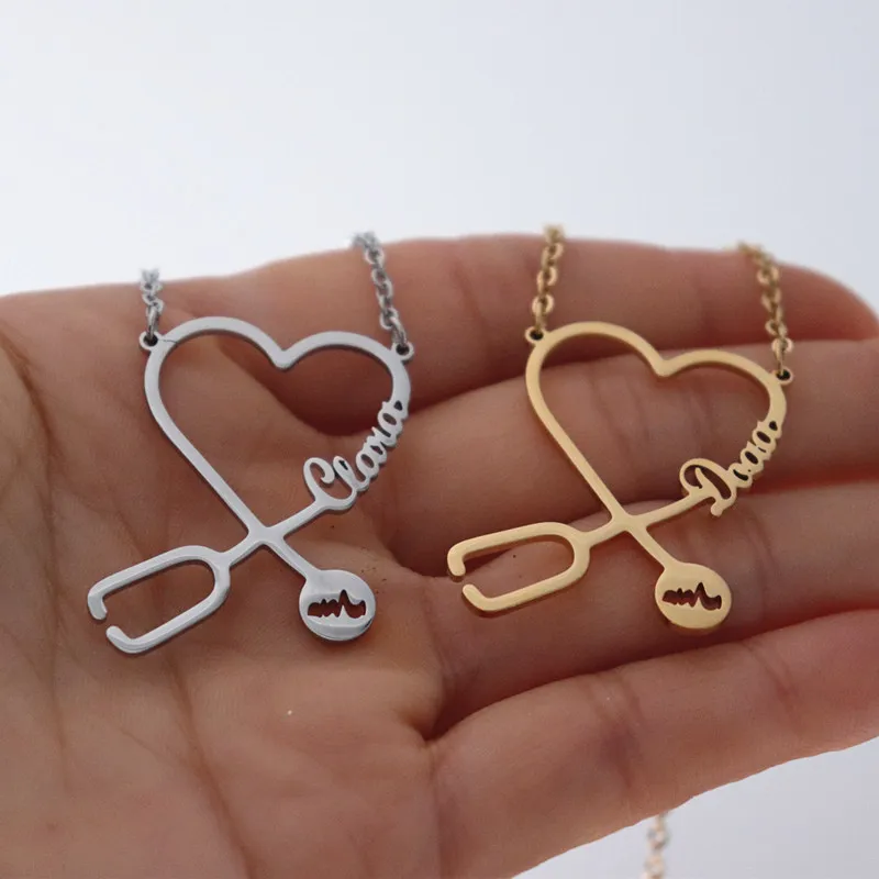 Custom Personalised Stethoscope Necklace Pendant Stainless Steel Personalizar Heart Name Choker Necklaces Customized Gift