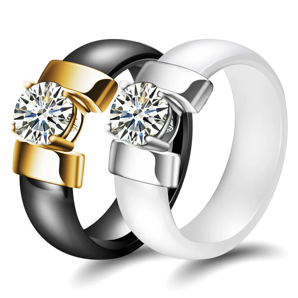 Hot White Black Diamond Ceramic Rings For Women Gold Color Stainless Steel Women Wedding Ring Engagement Jewelry