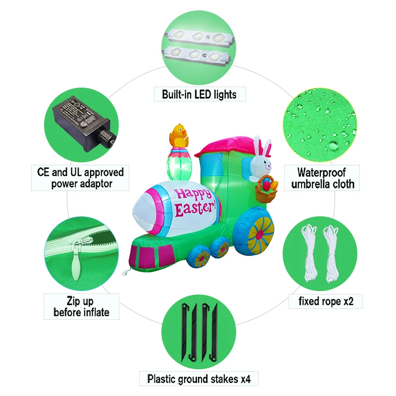 Lapin gonflable de pâques, 4.9 pieds, Train de conduite, voiture de divertissement, jouets d'intérieur et d'extérieur éclairés par LED, décoration de pelouse de cour