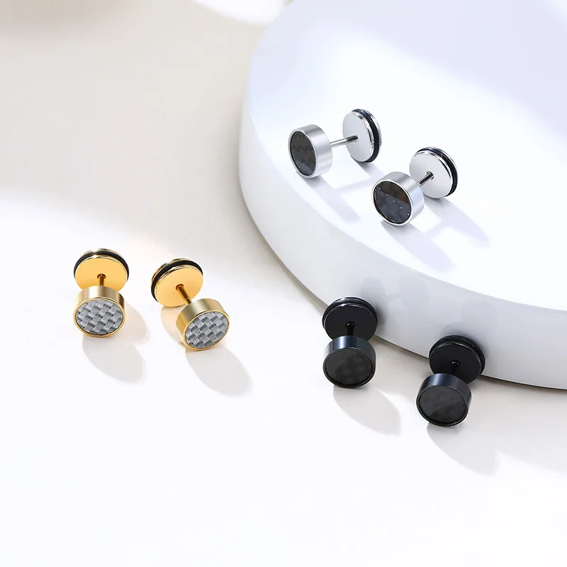 GENTLEMAN ROUND CARBON FIBER STUD EARRING STAINLESS STEEL SCREW BACK MEN JEWELRY 8MM