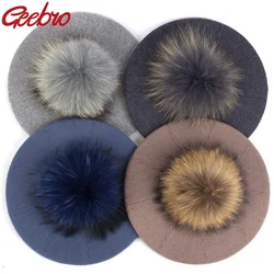 Geebro Female Winter Berets with 15 cm Real Ball Pom Pom Hat For Women Girl's Knitted Cap Thick Women'S Slouchy Skullies Beanies