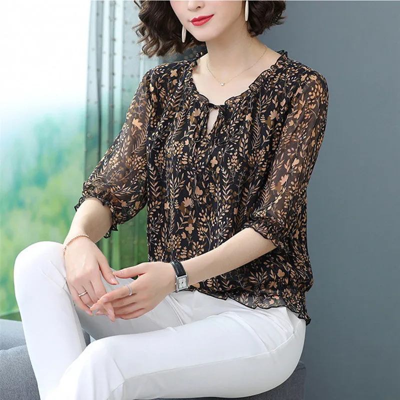 Floral Half Sleeve Shirts Loose Blouses Spring Summer Blusas Print Casual O-Neck Fashion Tops MM0329