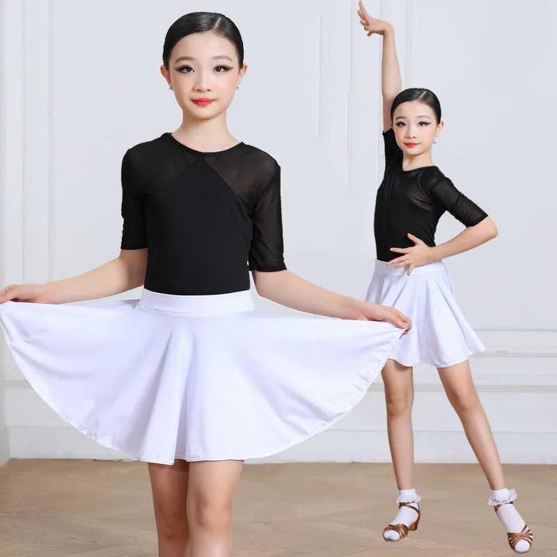 Children Latin Dance Costumes Girls Latin Skirt 2-piece Set Milk Silk Tops Professional Competition Stage Performing Dancewear