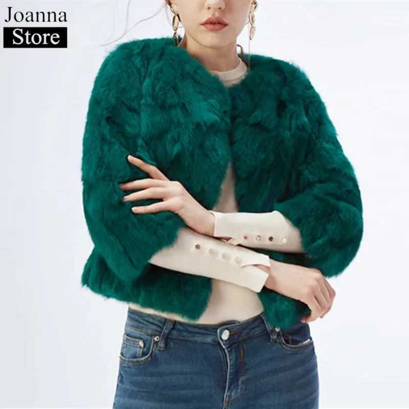 Winter New Real Rabbit Fur Short Fur Jacket Women Crew Neck Slim Warm Fur Coat Ladies Furry Thick Casual Plus Size Black Jackets