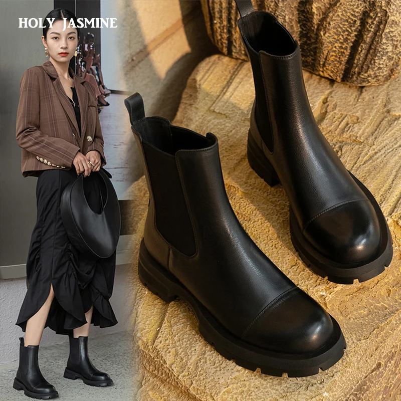 2021 Fall/Winter Shoes Women Leather Ankle Boots Women Round Toe Thick Heel Women Shoes Solid Chelsea Boots Casual Women Boots