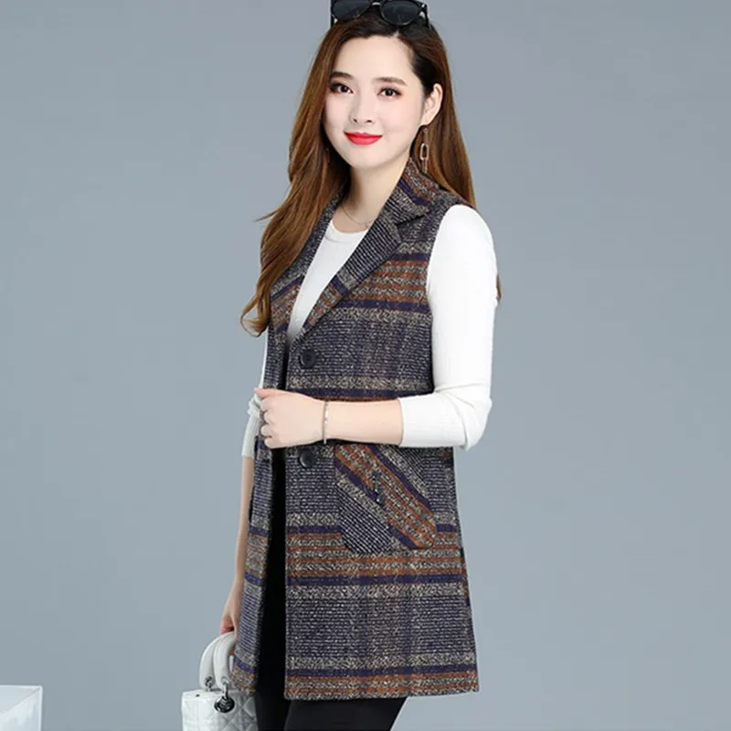 UHYTGF Sleeveless Women Jacket Single-Breasted Spring Autumn Vest Coat Fashion Plaid Casual Female 5XL Loose Size Waistcoat 1253