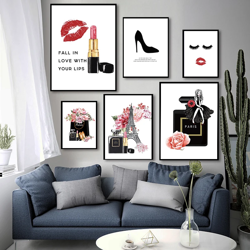 Perfume Make Up Posters and Prints Beauty Begins Quote Wall Art Print Eyelash Lipstick Pictures Bedroom Decoration Home Decor