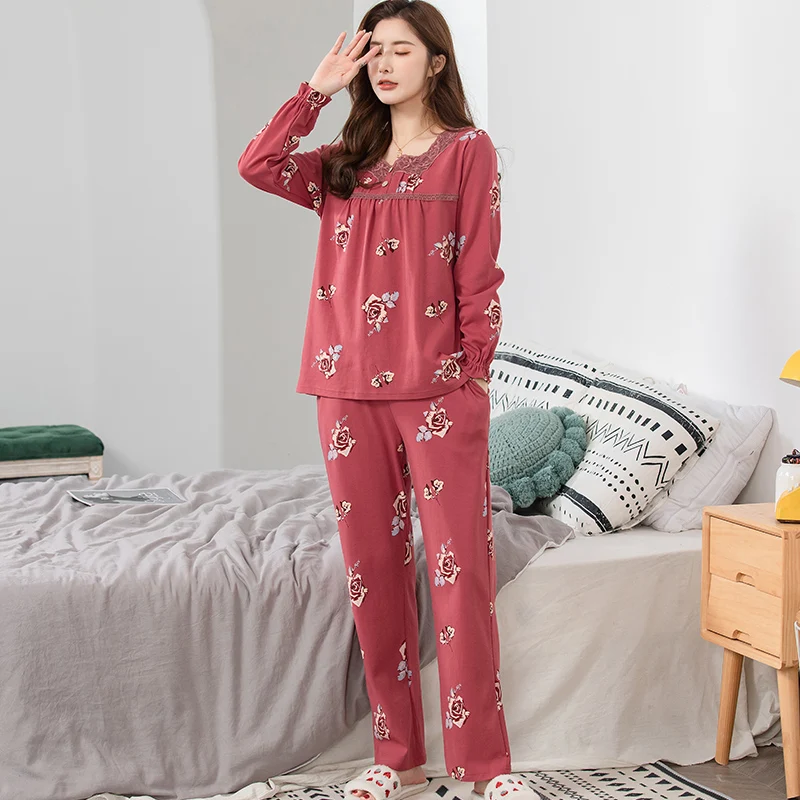 High Quality Women Pajamas Set M-4XL Female Pyjamas 100% Cotton Long Sleeve Sleepwear Home Clothing