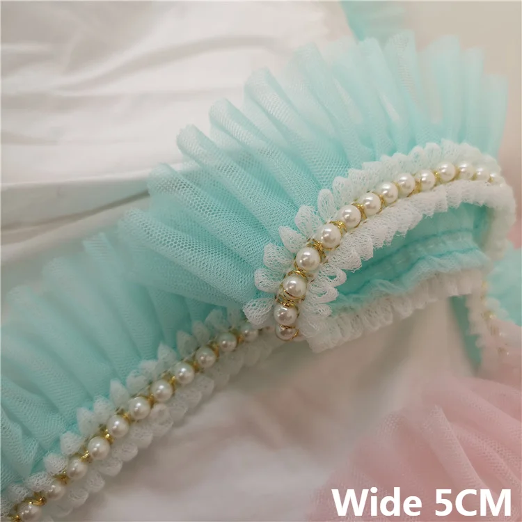 5CM Wide Luxury Tulle Mesh Pleated Fabirc Guipure Ribbon Beaded Fringe Lace Edging Trim Wedding Dresses Curtain Sewing Supplies