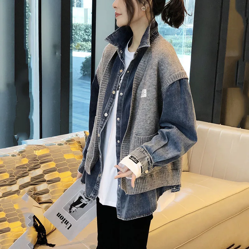 Fashion Women Sweaters Knit Sweater Cardigan 2024 New Autumn Winter Coat Stitching Fake 2 Pieces Denim Jacket Tops Streetwear