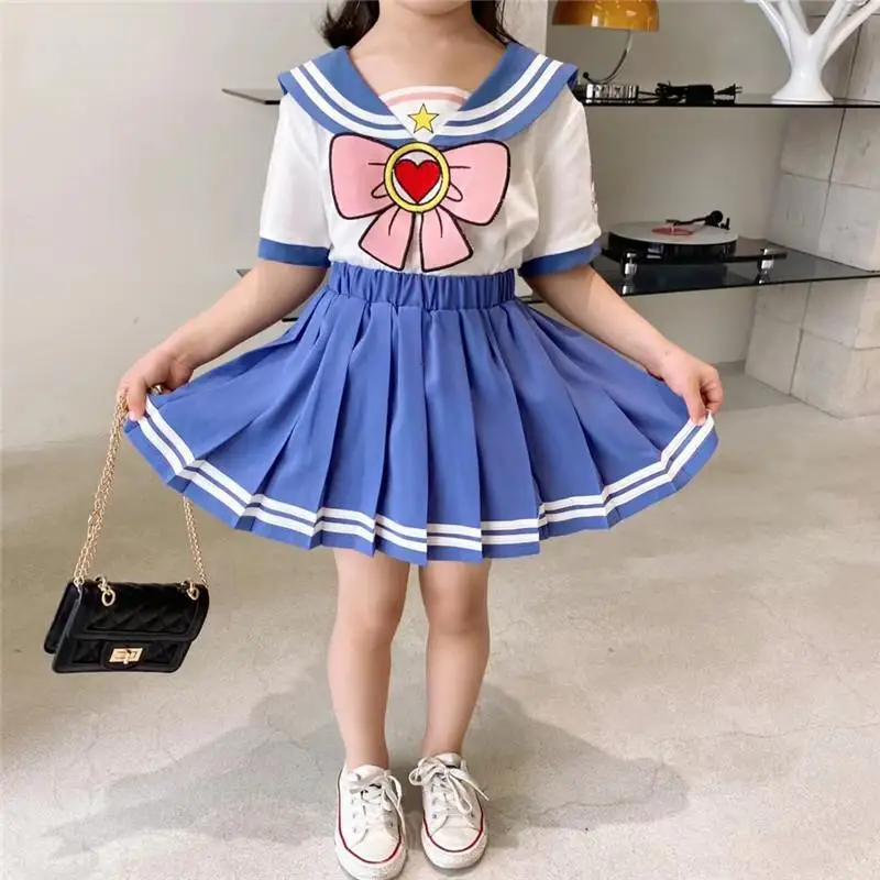 Baby Girls Clothes Sets Summer Bow Striped Tops Pleated Skirts Suits Cute Sailor Moon Cosplay Party Custume Children Clothes Set