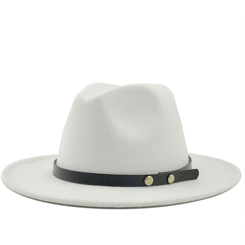 

Women men Wool Jazz Fedora Hats Casual Men Women Leather belt Brim Felt Hat white pink yellow Panama Trilby Formal Party Cap