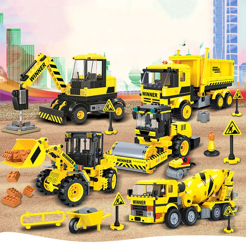 Excavator Engineering Trucks Building Blocks Cement Mixer Road Roller Bricks Construction Loader Educational Toys for Children