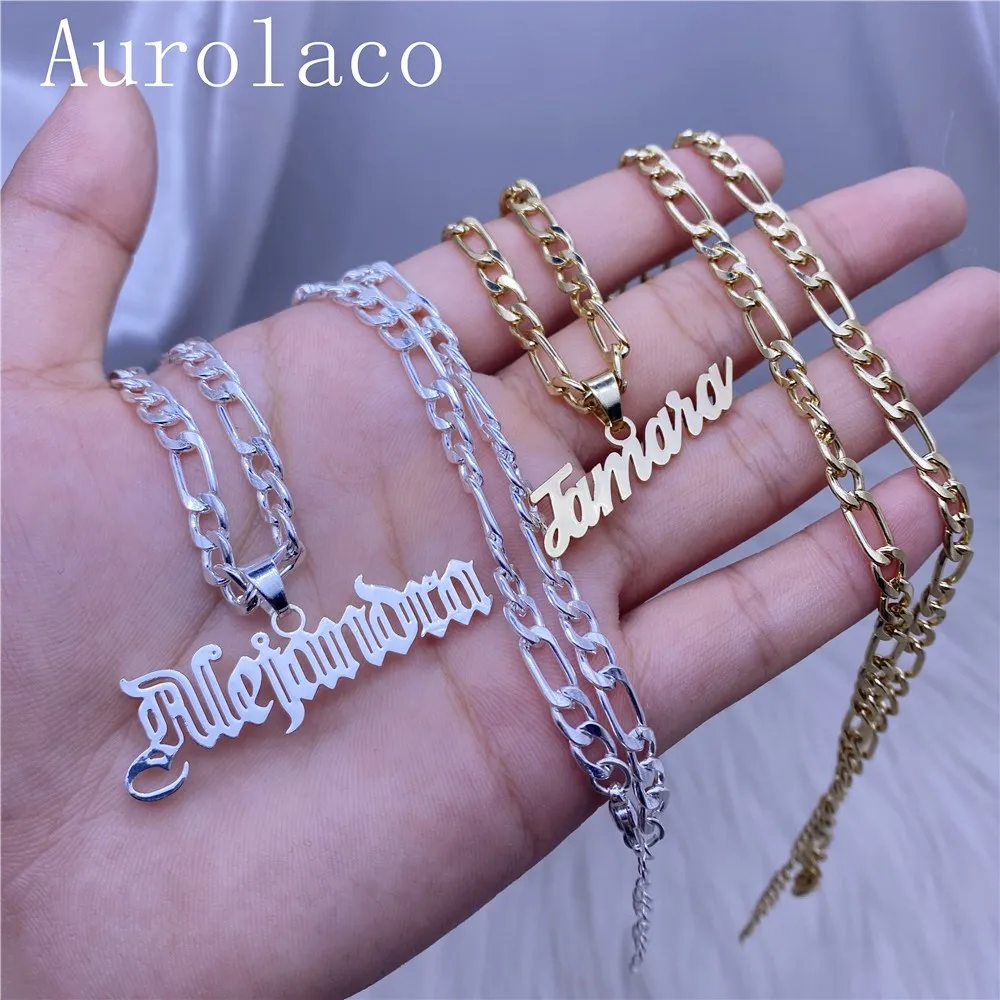 AurolaCo Custom Name Necklace Figaro Chain Old English Letter Necklace Stainless Steel Gold Pendant Nameplate Gift