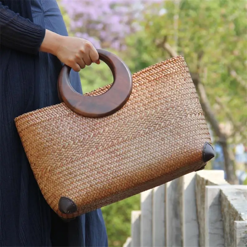 36x20CM Original Chinese Style Handmade Old Straw Bag Rattan Woven Wooden Handle Vintage Handbag Thailand Straw Bag a6103