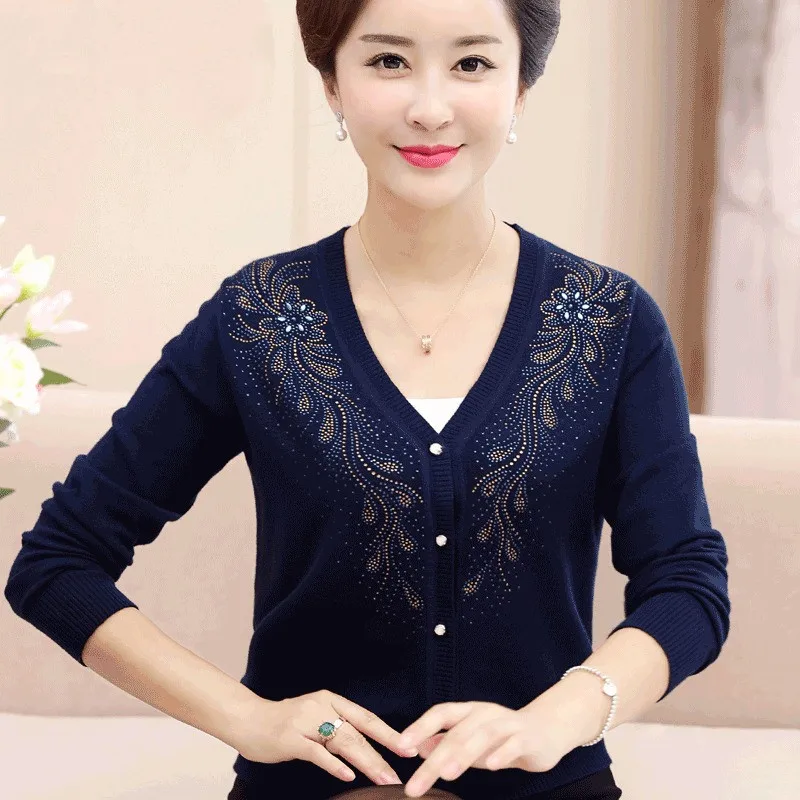 High Quality Women\'s Sweaters Spring Autumn New V-neck Long-sleeved Cardigans Middle Aged Mother Diamond Knitwear W2145