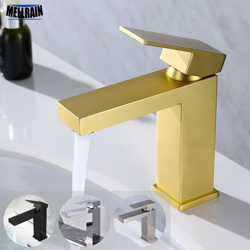 Brushed Gold Square Bathroom Hot And Cold Faucet 100% Soild Brass Matte Black High Quality Single Hole Basin Water Mixer Tap