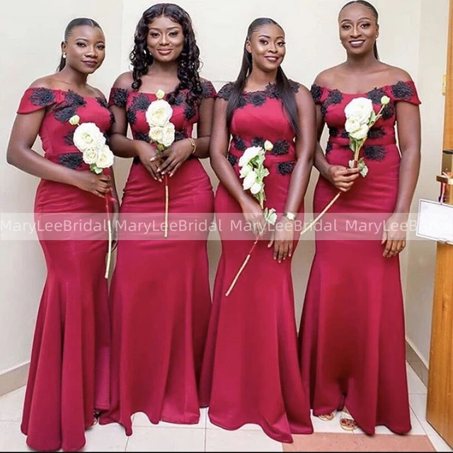 Off Shoulder Mermaid Bridesmaid Dress African Women Red Long Wedding Party Dress With Black Appliques Vestido De Fiesta De Boda AliExpress
