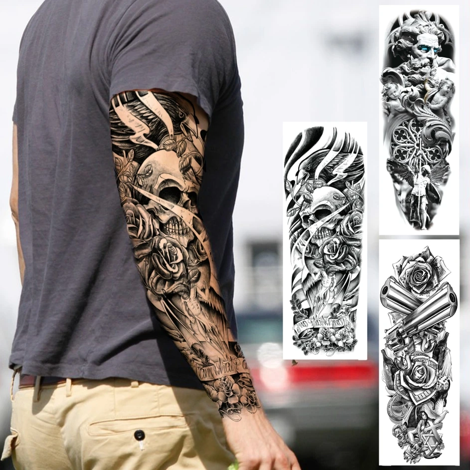 Extra Large Skull Temporary Tattoos Sleeves For Men Women Rose Eagle God Tattoo Angel Gun Fake Sticker Persistent Full Arm Tatoo