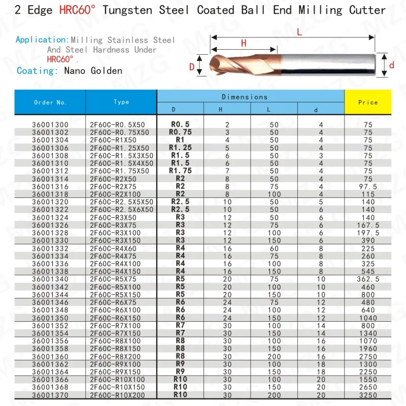 MZG 2 flauto allungare il naso a sfera fresa taglio HRC60 4mm 5mm fresatura lavorazione fresa a spirale in acciaio al tungsteno
